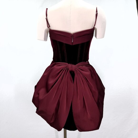 Azazie Atelier Mini Holiday Dress Womens 6 Wine Red Big Bow Back Velvet Cocktail - Picture 2 of 15